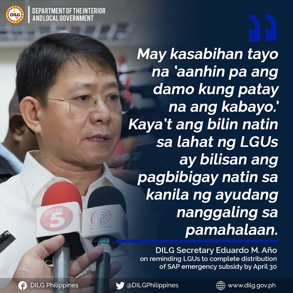 DILG to LGUs: Complete distribution of SAP emergency subsidy by April ...